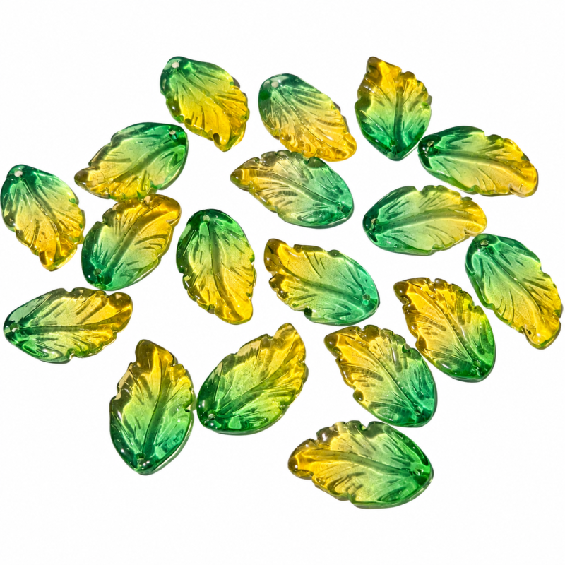 30pcs Green Leaf Charms, BeadingStation® Gradient Lampwork Glass Leaves Pendants with Hole